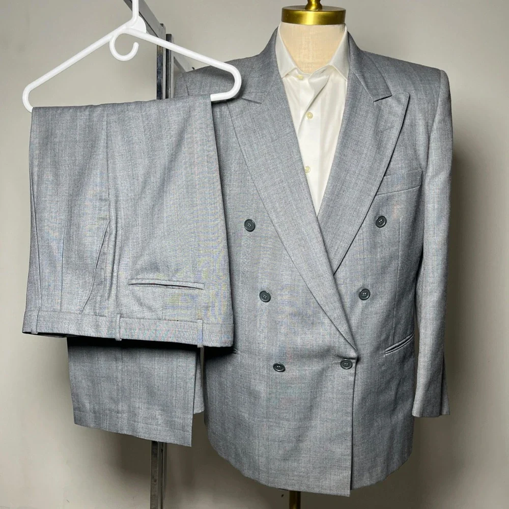 Paul Rodon Suit Mens 44R W36 Gray Herringbone Pinstripe Double Breasted Vintage